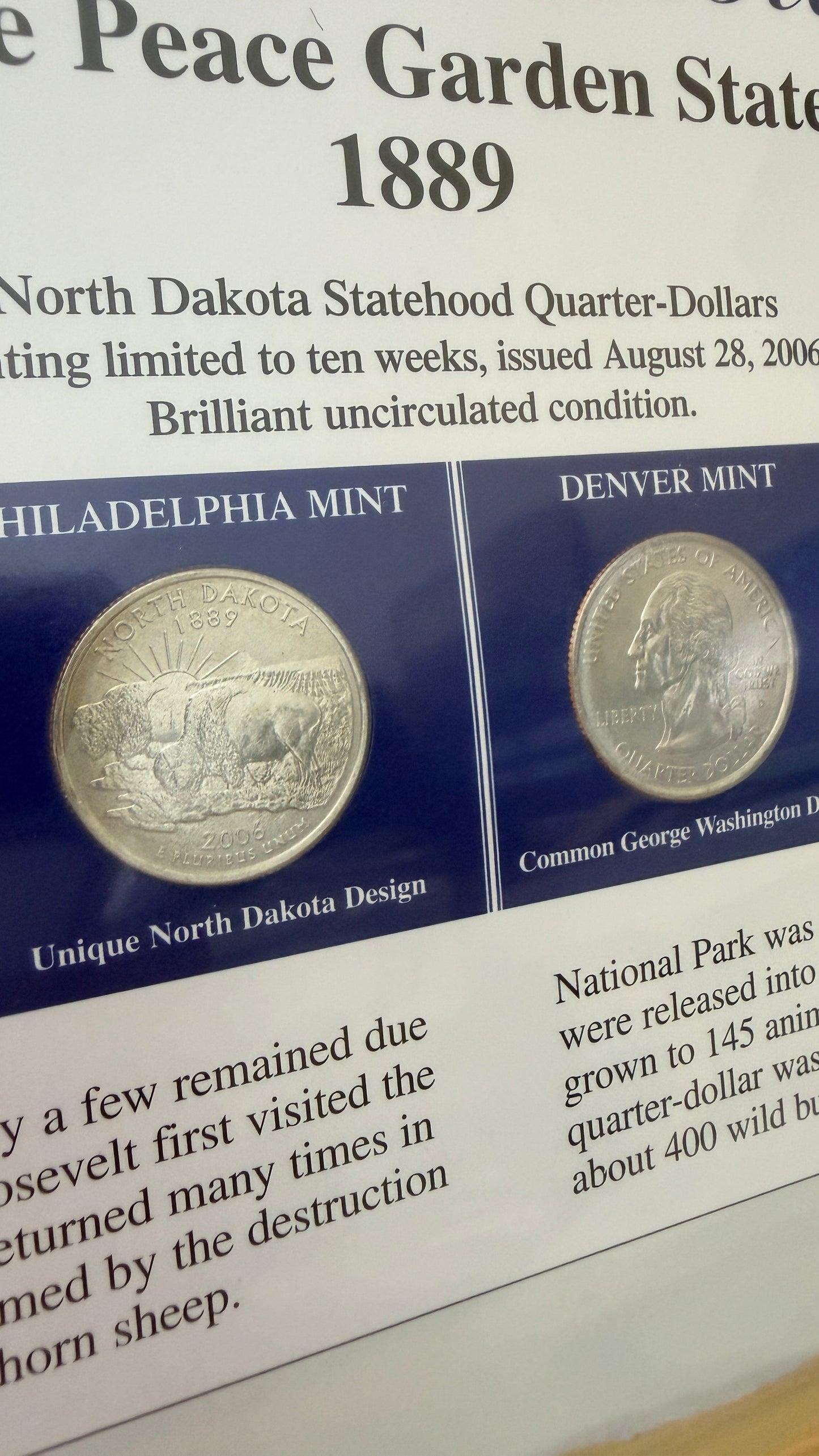 North Dakota Statehood P&D Quarter-Dollars (BU) and State Stamps Plaque