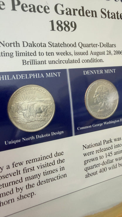 North Dakota Statehood P&D Quarter-Dollars (BU) and State Stamps Plaque