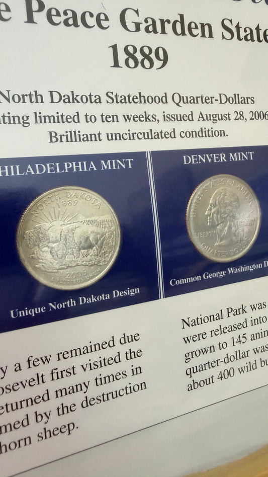 North Dakota Statehood P&D Quarter-Dollars (BU) and State Stamps Plaque