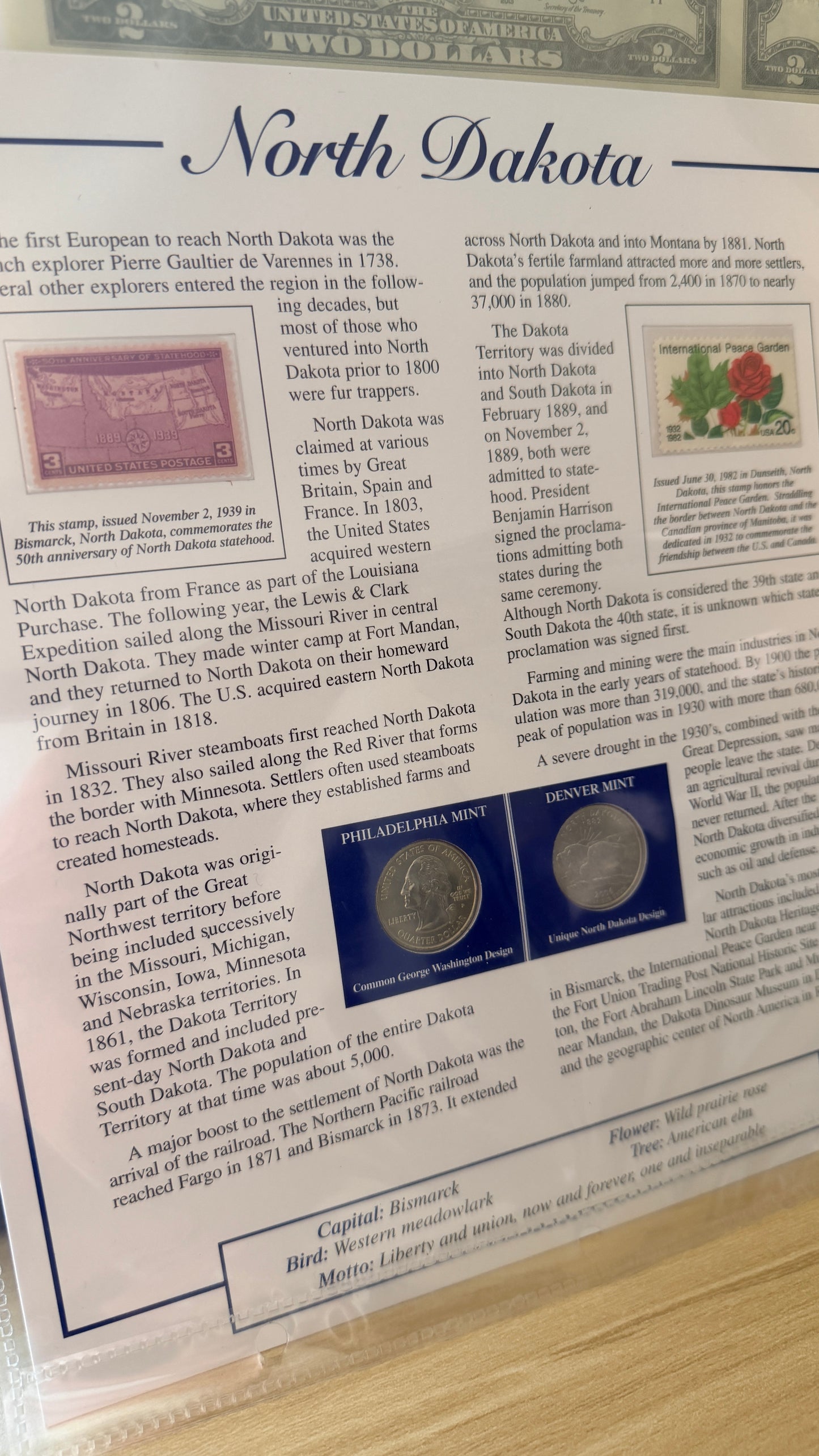 North Dakota Statehood P&D Quarter-Dollars (BU) and State Stamps Plaque