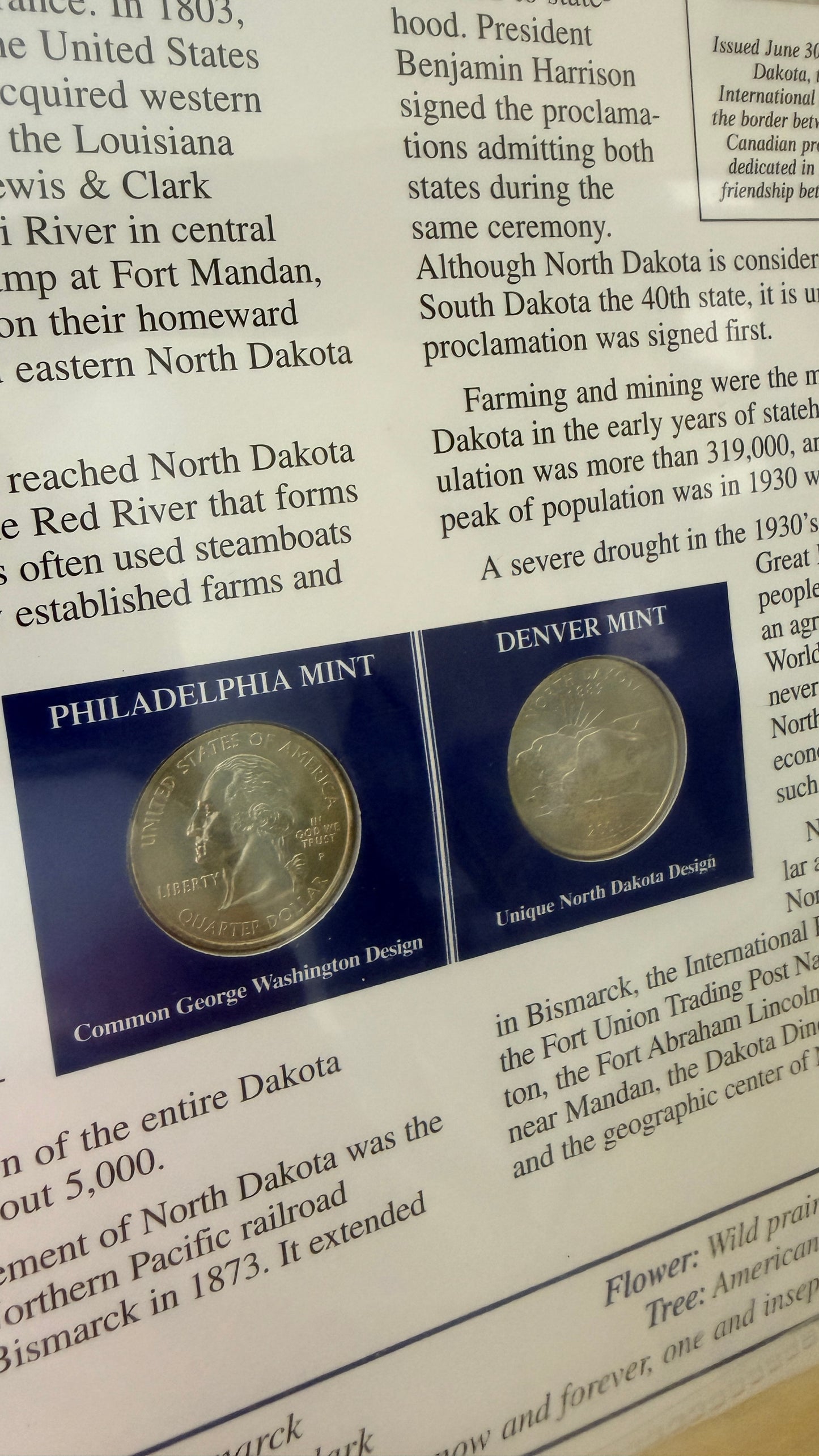 North Dakota Statehood P&D Quarter-Dollars (BU) and State Stamps Plaque