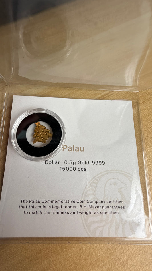 Palau Golden Highlights Christmas Tree .5g 9999 Fine Gold Aassay Card