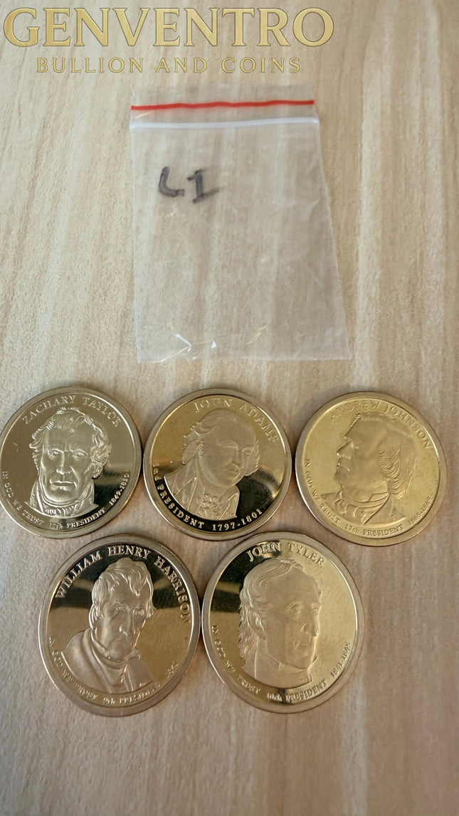 5 x US $1 One Dollar Golden Presidential Coins - Lot of 5 Unique Coins (L1) Genventro