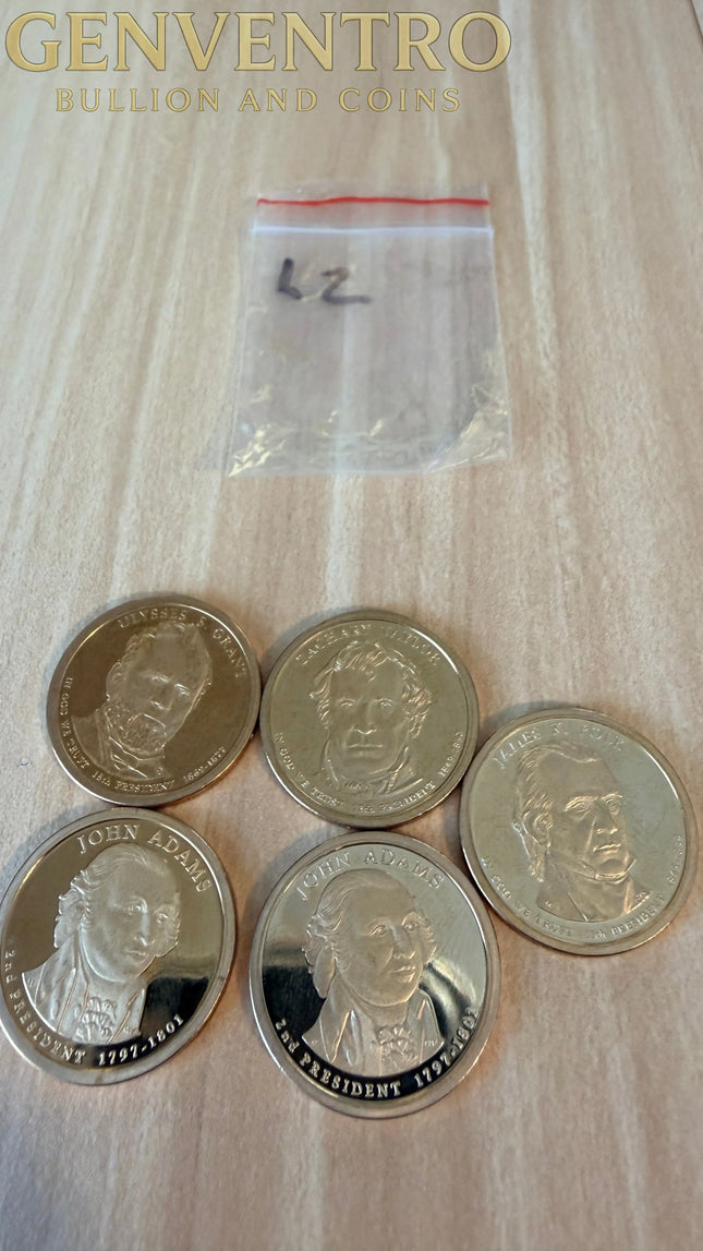 5 x US $1 One Dollar Golden Presidential Coins - Lot of 5 Unique Coins (L2) Genventro