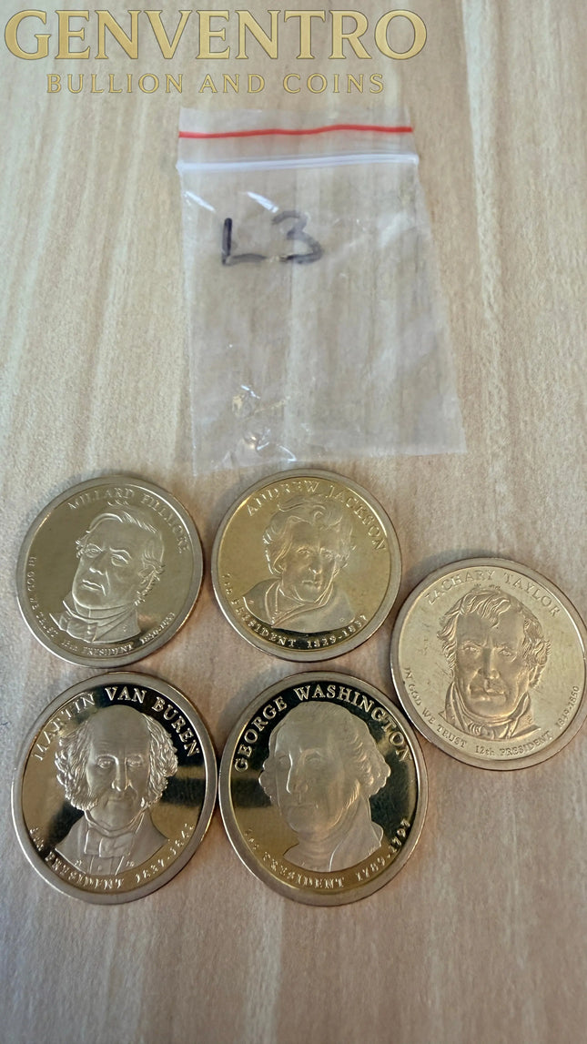 5 x US $1 One Dollar Golden Presidential Coins - Lot of 5 Unique Coins (L3) Genventro