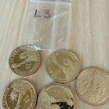 5 x US $1 One Dollar Golden Presidential Coins - Lot of 5 Unique Coins (L3) Genventro