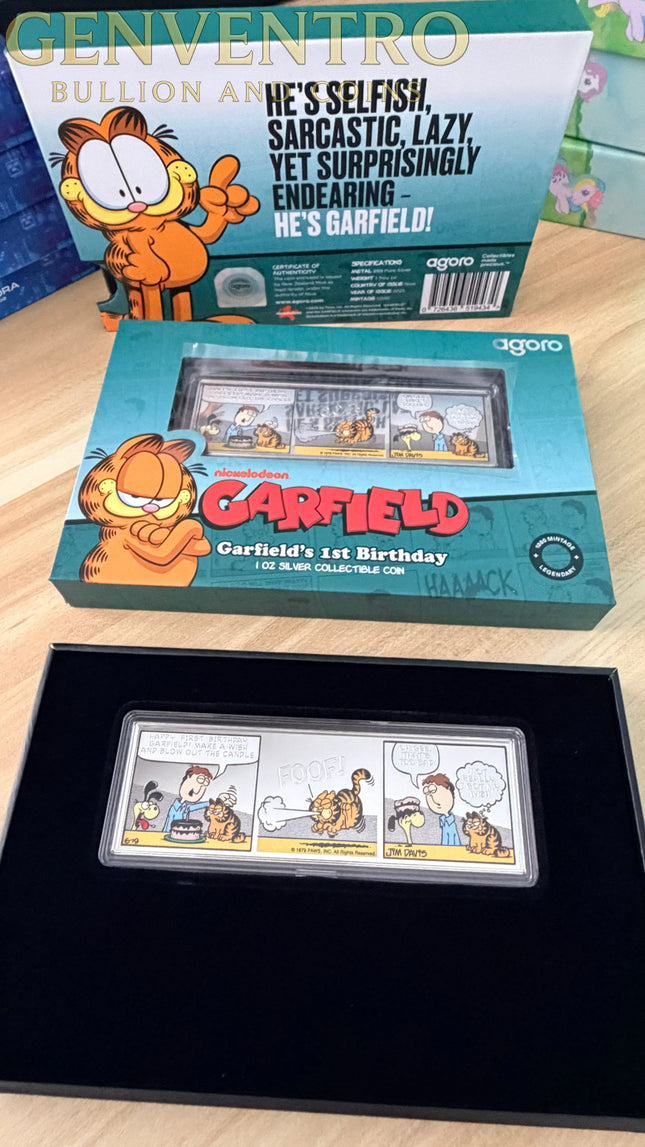 Garfield's 1st Birthday 2025 Niue 1 oz Silver Art Bar New in Box w/ COA Mintage of 1,000 Genventro