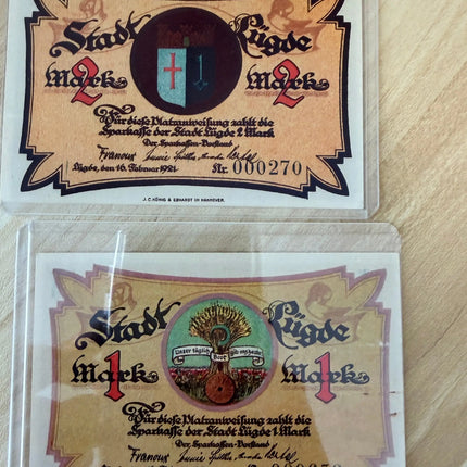 1921 Germany Lügde Notgeld 1 & 2 Mark Pair – St. Kilianskirche / Unser täglich Brot – Lot of 2 Genventro
