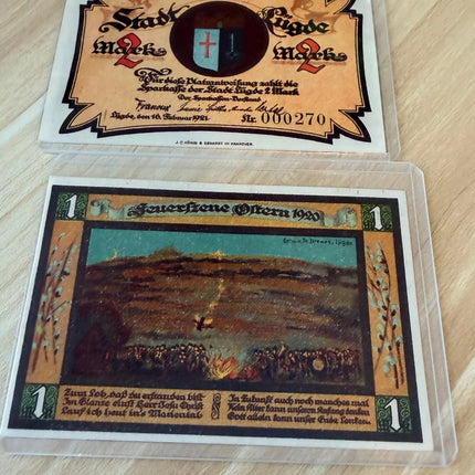 1921 Germany Lügde Notgeld 1 & 2 Mark Pair – St. Kilianskirche / Unser täglich Brot – Lot of 2 Genventro