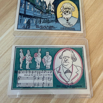 1921 Germany Braunschweig Volksbibliothek Notgeld 50 & 75 Pfennig Set (2) – Book Design & Portraits Genventro