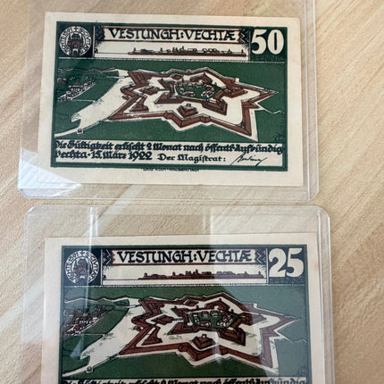 1921 Germany Vechta Notgeld 25 & 50 Pfennig – “Festung Vechta” Fortress Design, Lot of 2 Genventro