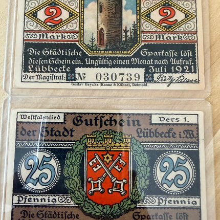 1921 Germany Lübbecke Notgeld 25 Pfennig & 2 Mark “Westfalenlied” Series – Lot of 2 Genventro