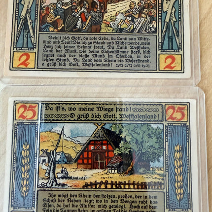 1921 Germany Lübbecke Notgeld 25 Pfennig & 2 Mark “Westfalenlied” Series – Lot of 2 Genventro
