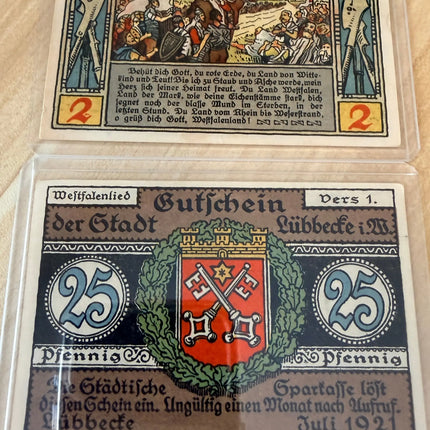 1921 Germany Lübbecke Notgeld 25 Pfennig & 2 Mark “Westfalenlied” Series – Lot of 2 Genventro