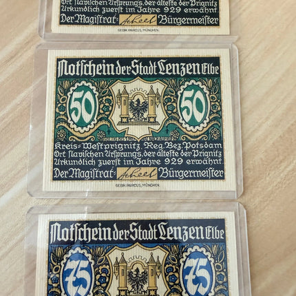 1920 Germany Senftenberg Notgeld – 25 & 50 Pfennig (3 Notes) Matching Coat-of-Arms Series Genventro