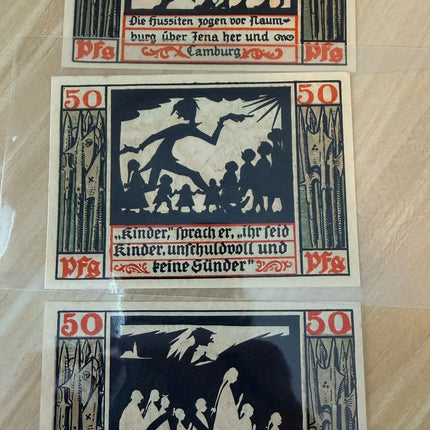 1920 Germany Naumburg Notgeld – 50 Pfennig Set of 3 Notes, Matching Coat of Arms / Silhouette Scenes Genventro