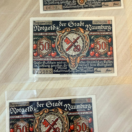 1920 Germany Naumburg Notgeld – 50 Pfennig Set of 3 Notes, Matching Coat of Arms / Silhouette Scenes Genventro
