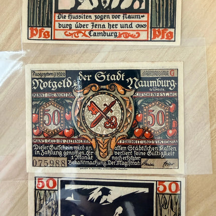 1920 Germany Naumburg Notgeld – 50 Pfennig Set of 3 Notes, Matching Coat of Arms / Silhouette Scenes Genventro