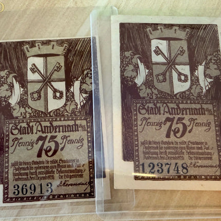Germany Andernach Notgeld 75 Pfennig Pair (2 Notes) Castle & Coat of Arms – ca. 1921 Genventro