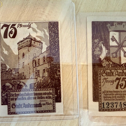 Germany Andernach Notgeld 75 Pfennig Pair (2 Notes) Castle & Coat of Arms – ca. 1921 Genventro