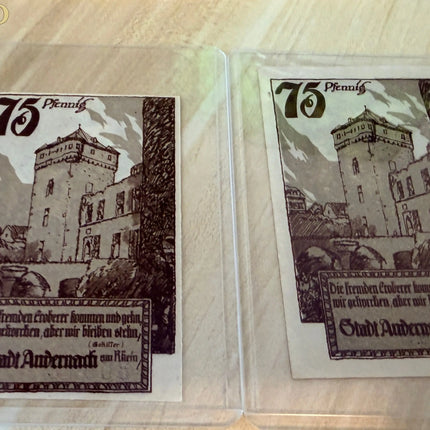 Germany Andernach Notgeld 75 Pfennig Pair (2 Notes) Castle & Coat of Arms – ca. 1921 Genventro