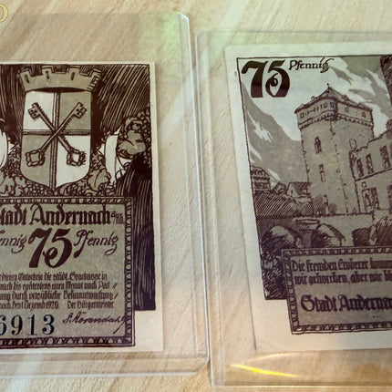 Germany Andernach Notgeld 75 Pfennig Pair (2 Notes) Castle & Coat of Arms – ca. 1921 Genventro