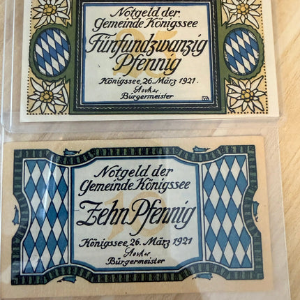 1921 Germany Königsee Notgeld – 10 & 25 Pfennig Pair (2 Notes) Lake & Mountain Scenes Genventro