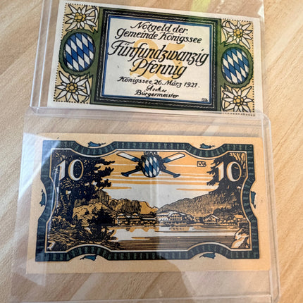 1921 Germany Königsee Notgeld – 10 & 25 Pfennig Pair (2 Notes) Lake & Mountain Scenes Genventro