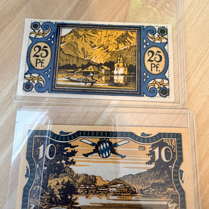 1921 Germany Königsee Notgeld – 10 & 25 Pfennig Pair (2 Notes) Lake & Mountain Scenes Genventro