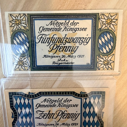 1921 Germany Königsee Notgeld – 10 & 25 Pfennig Pair (2 Notes) Lake & Mountain Scenes Genventro