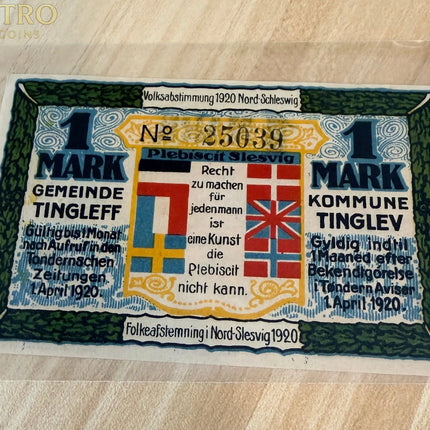 1920 Germany–Denmark Tingleff Notgeld 1 Mark – Schleswig Plebiscite Bilingual Note Genventro