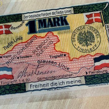 1920 Germany–Denmark Tingleff Notgeld 1 Mark – Schleswig Plebiscite Bilingual Note Genventro