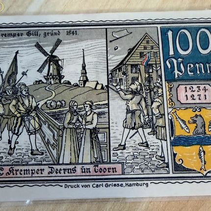 Germany Kremper Gill Notgeld 100 Pfennig – Windmill & Medieval Scene Genventro