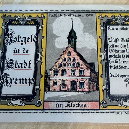 Germany Kremper Gill Notgeld 100 Pfennig – Windmill & Medieval Scene Genventro