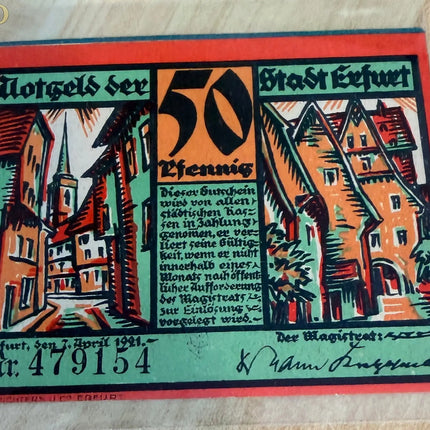 1921 Germany Erfurt Notgeld 50 Pfennig – Colorful Street Scenes Genventro