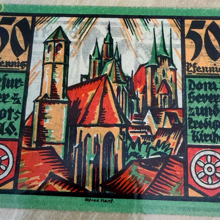1921 Germany Erfurt Notgeld 50 Pfennig – Colorful Street Scenes Genventro