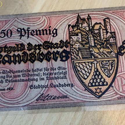1921 Germany Landsberg am Lech Notgeld 50 Pfennig – Pink Note with City View & Arms Genventro