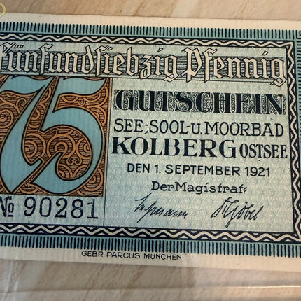 1921 Germany Kolberg Ostsee Notgeld 75 Pfennig – Sea & Spa Town Emergency Money Note Genventro
