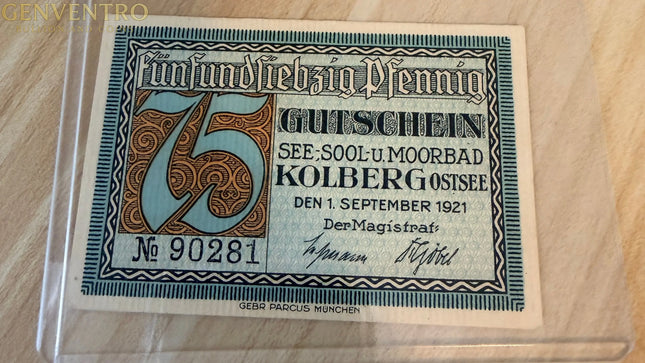 1921 Germany Kolberg Ostsee Notgeld 75 Pfennig – Sea & Spa Town Emergency Money Note Genventro