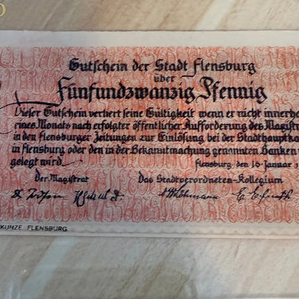 1921 Germany Flensburg Notgeld 25 Pfennig – Crowd & City Arms Design Genventro