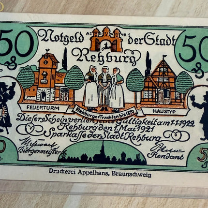 1921 Germany Rehburg Notgeld 50 Pfennig – Folk Costume & Town View – Colorful Issue Genventro