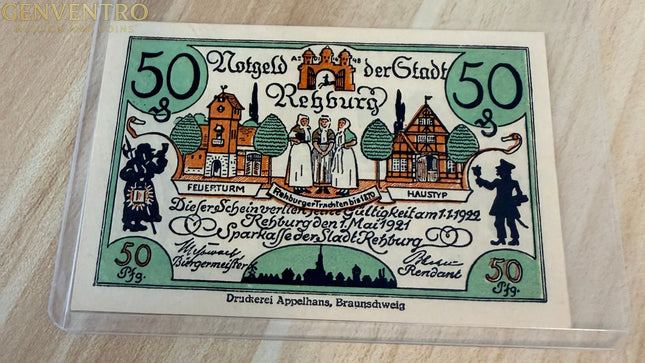 1921 Germany Rehburg Notgeld 50 Pfennig – Folk Costume & Town View – Colorful Issue Genventro