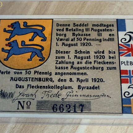 1920 Denmark / Germany Augustenburg 50 Pf Notgeld – Schleswig Plebiscite Issue – Lions & Flags Genventro