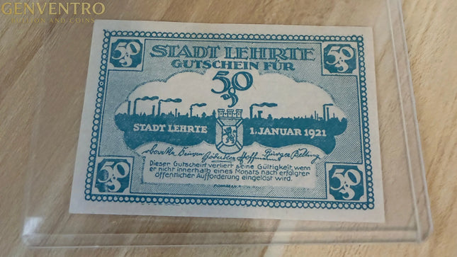 1920s Germany Notgeld 50 Pfennig “Gutschein für Fünfzig Pfennig” – Blue Voucher Note Genventro