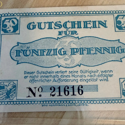 1920s Germany Notgeld 50 Pfennig “Gutschein für Fünfzig Pfennig” – Blue Voucher Note Genventro