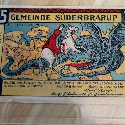 1920 Germany Süderbrarup Notgeld 25 Pfennig – Map & Dragon Propaganda Design Genventro