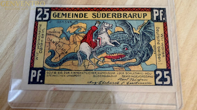 1920 Germany Süderbrarup Notgeld 25 Pfennig – Map & Dragon Propaganda Design Genventro