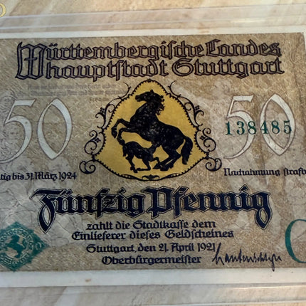 1921 Germany Stuttgart Notgeld 50 Pfennig – Württemberg Horse Coat of Arms Genventro