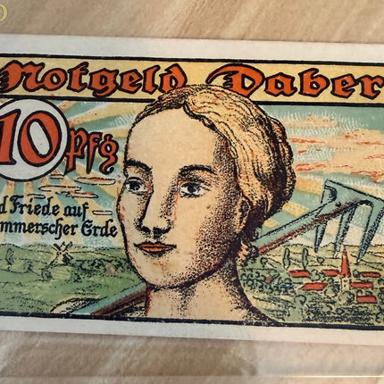 1921 Germany Daber Notgeld 10 Pfennig – Woman’s Portrait & Farm Scene – Pomerania Note Genventro