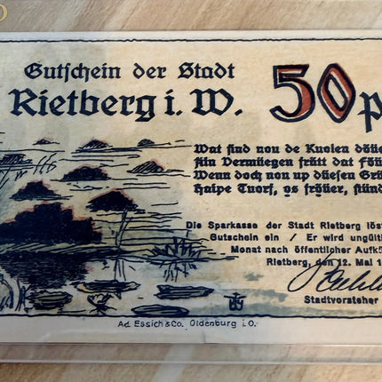 1921 Germany Rietberg Notgeld 50 Pfennig – Lake & Marsh Scene – Westphalia Genventro